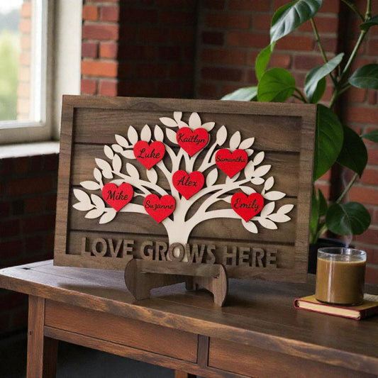 Personalized Wooden Family Tree Decor with Names – Heart-Shaped Family Tree Sign, Freestanding Home Decor