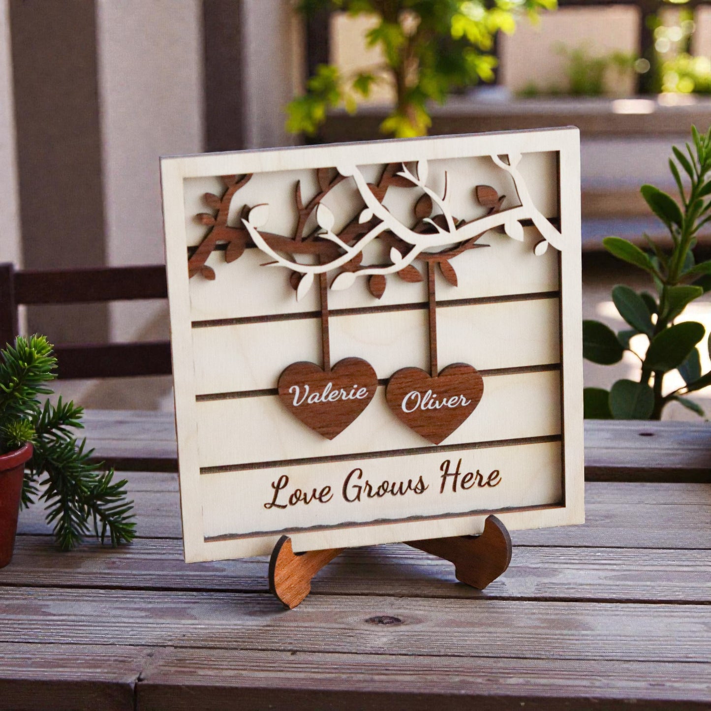 Custom Wooden Couple Tree Decor – Custom Name Heart Sign, Love Grows Here Freestanding Wood Plaque