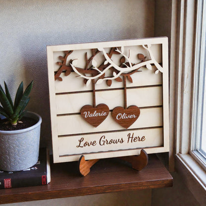 Custom Wooden Couple Tree Decor – Custom Name Heart Sign, Love Grows Here Freestanding Wood Plaque
