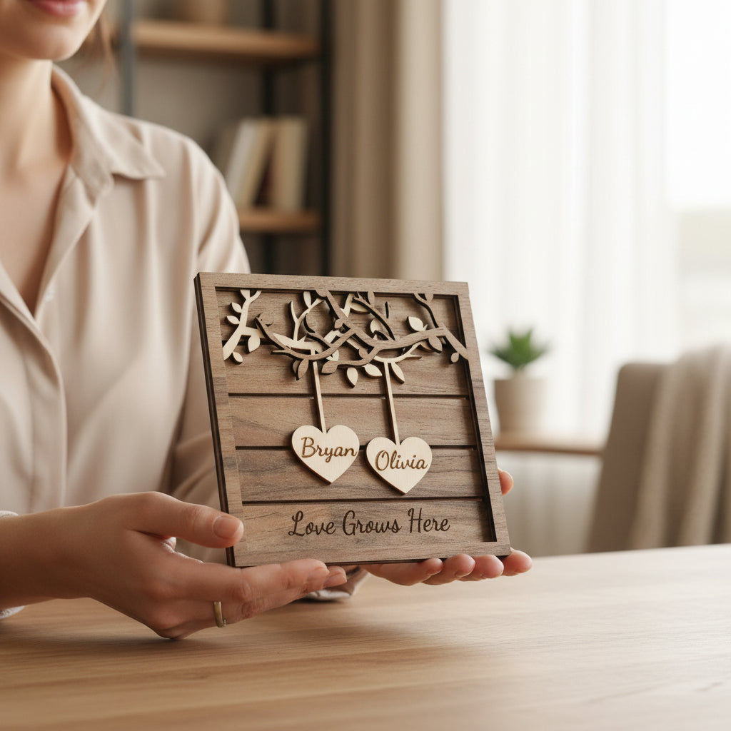 Personalized Wooden Couple Tree Decor – Custom Name Heart Sign, Love Grows Here Freestanding Wood Plaque