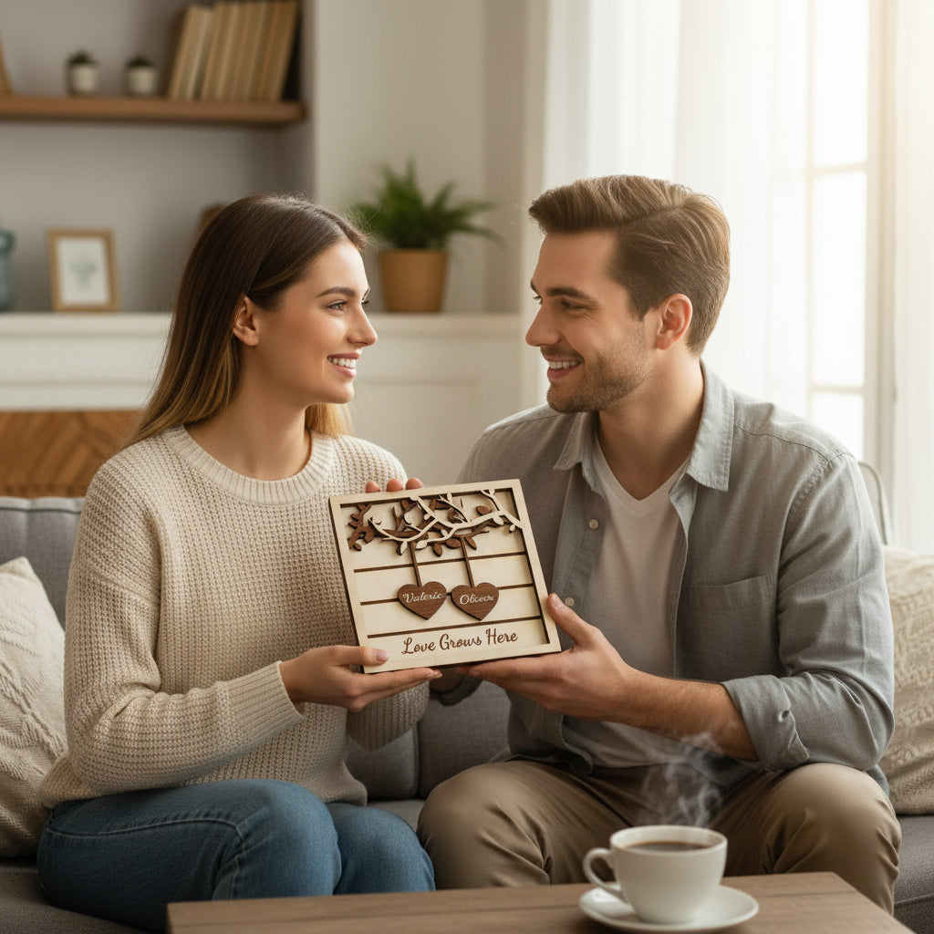 Custom Wooden Couple Tree Decor – Custom Name Heart Sign, Love Grows Here Freestanding Wood Plaque