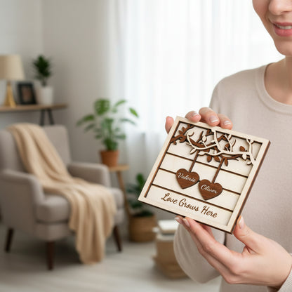 Custom Wooden Couple Tree Decor – Custom Name Heart Sign, Love Grows Here Freestanding Wood Plaque