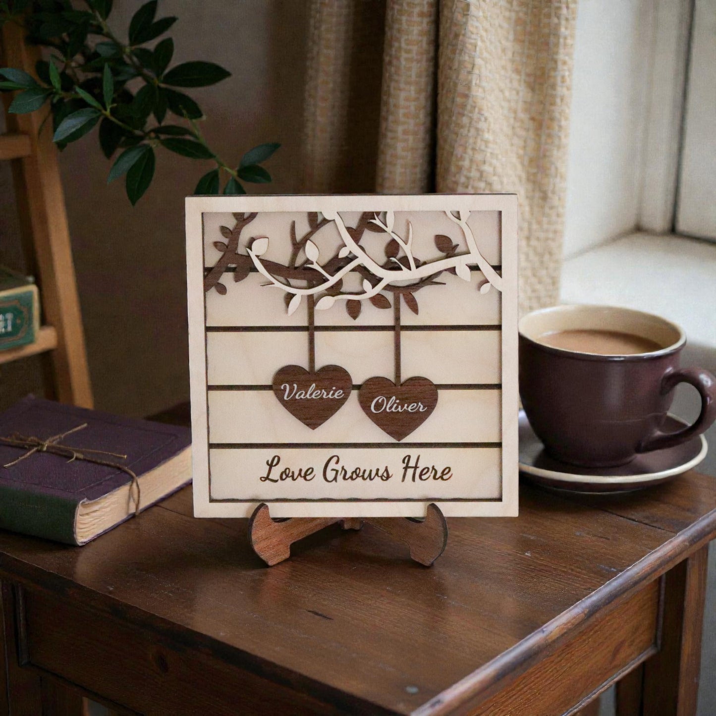 Custom Wooden Couple Tree Decor – Custom Name Heart Sign, Love Grows Here Freestanding Wood Plaque